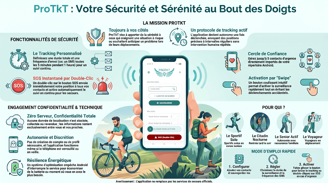 ProTkT (prononcez Protect !) est une application destinée à ceux qui souhaitent un filet de sécurité lorsqu'ils se déplacent seuls ou dans des lieux isolés. Pour peu que l'on veuille être prévoyant et s'assurer une traçabilité, ProTkT permet de couvrir ses arrières en fournissant par internet sa géolocalisation à un cercle de proches.